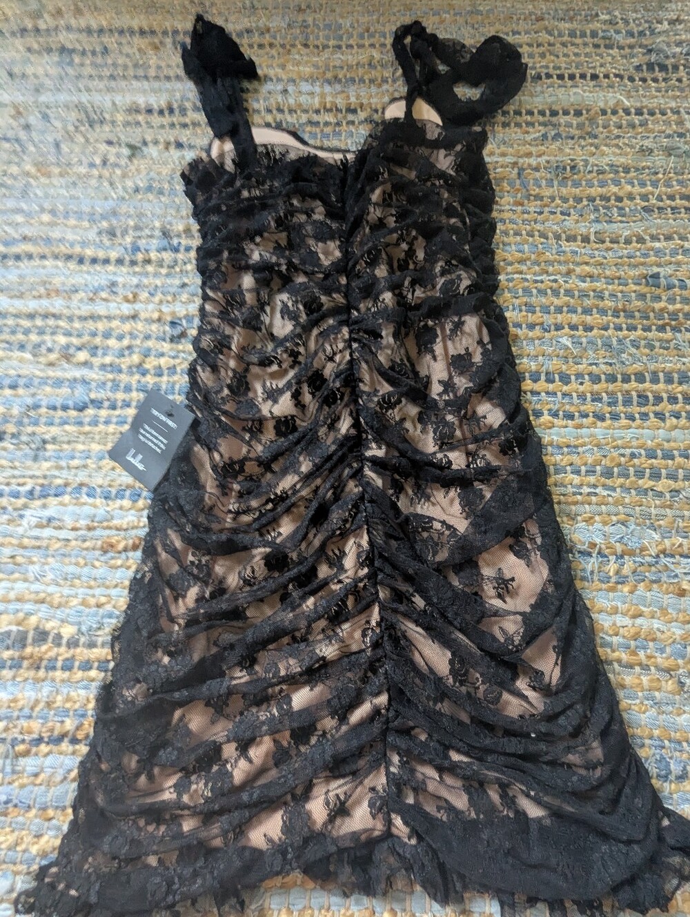 NWT Lulus Black Nude Lace Ruched Mesh Mini Dress M Sheer Goth Coquette 90s Vamp - Picture 7 of 11